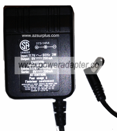 273-1454 AC ADAPTER 6VDC 200mA Used 2.2 x 5.5 x 15.5 mm 90 Degre