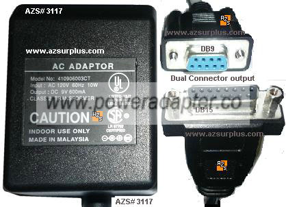410906003CT AC Adapter 9Vdc 600mA DB9 RJ11 Dual Connector POWE