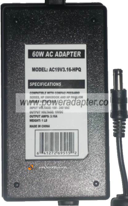 AC19V3.16-HPQ AC ADAPTER 19VDC 3.16A 60W POWER SUPPLY