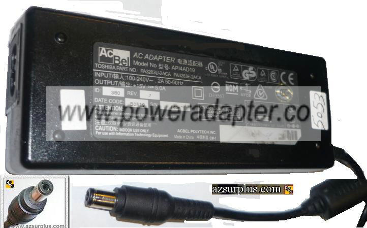 ACBEL API4AD19 AC ADAPTER 15VDC 5A LAPTOP POWER SUPPLY