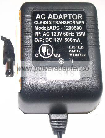 ADC-1200500 AC ADAPTER 12VDC 500mA CLASS 2 TRANSFORMER