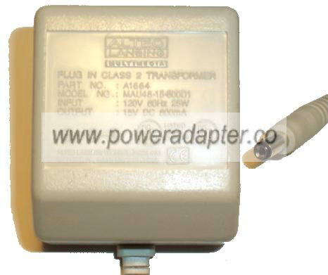 ALTEC LANSING MAU48-15-800D1 AC ADAPTER 15VDC 800mA -( ) 2x5.5mm
