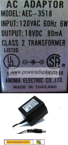 ANOMA AEC-3518 AC ADAPTER 18VDC 80mA 6W CLASS 2 TRANSFORMER