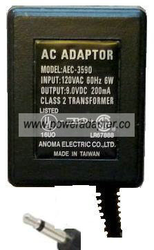ANOMA AEC-3590 AC DC ADAPTER 9V 200mA POWER SUPPLY