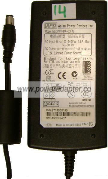 APD DA-60F19 AC Adapter 19VDC 3.16A -( ) 3x6.5mm 100-240vac Use