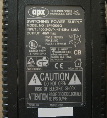 APX SP40905Q AC ADAPTER 5V DC 8A 40W SWITCHING POWER SUPPLY