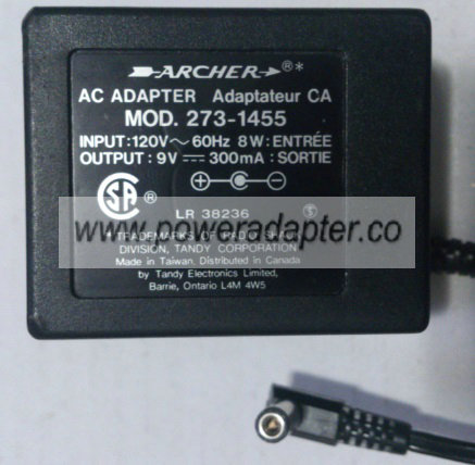 ARCHER 273-1455 AC ADAPTER 9VDC 300mA +(-)+ 2x5.5x10mm