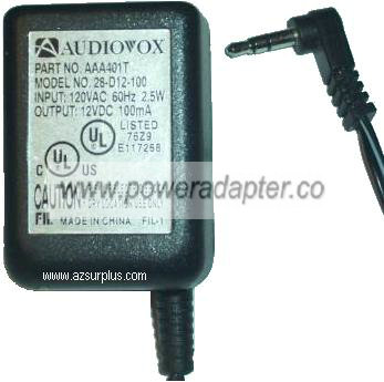 AUDIOVOX 28-D12-100 AC ADAPTER 12VDC 100mA POWER SUPPLY STEREO M