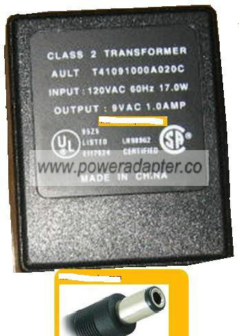 AULT T41091000A020C ADAPTER 9V 1A PLUG IN POWER SUPPLY CLASS 2 T