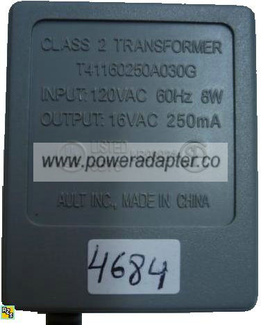 AULT T41160250A030G AC ADAPTER 16V 250MA 8W CLASS 2 TRANSFORMER