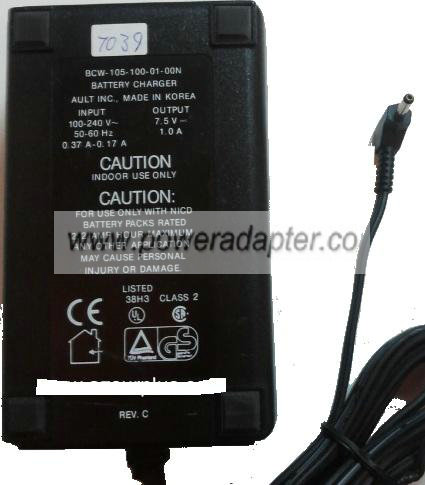 AULT BCW-105-100-01-00N AC ADAPTER 7.5VDC 1A -( )- 1.5x3.5mm 90