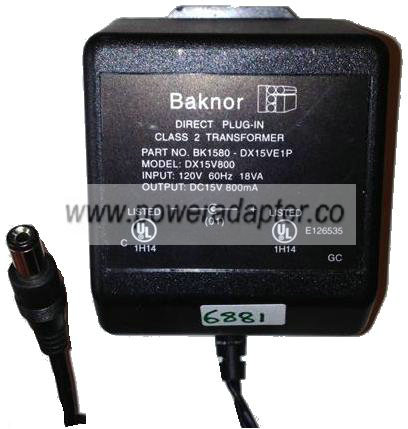 BAKNOR DX15V800 AC ADAPTER 15V DC 800mA Used 2 x 5.5 x 8.4 mm 90