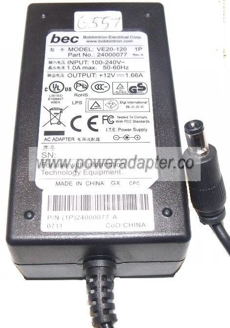 BEC VE20-120 1P AC ADAPTER 12V 1.66A Used 2.2 x 5.5 x 9.9 mm Str