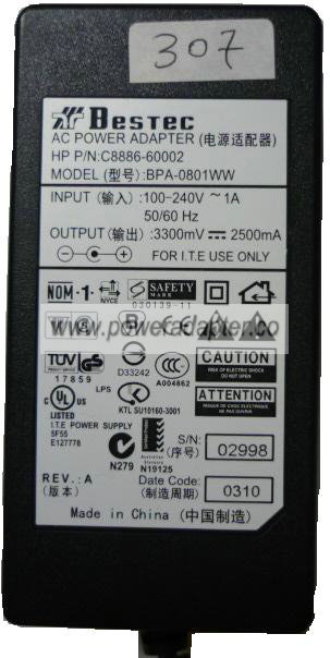 BESTEC BPA-0801WW AC ADAPTER 3300mVDC 2500mA Used -( ) 0.6x2.3mm