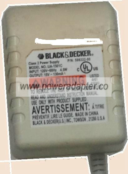 BLACK DECKER UA-1501C AC ADAPTER 15VDC 130mA CLASS 2 TRANSFORM - Click Image to Close
