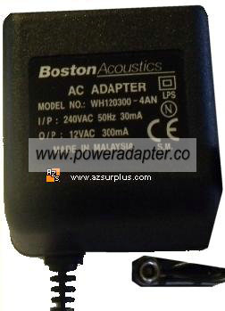 BOSTON WH120300-4AN 12VAC 300mA AC ADAPTER - Click Image to Close