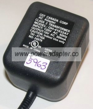 CDT OH-41032AT AC ADAPTER 16VAC 500mA NEW 2.5x5.3x11.8mm