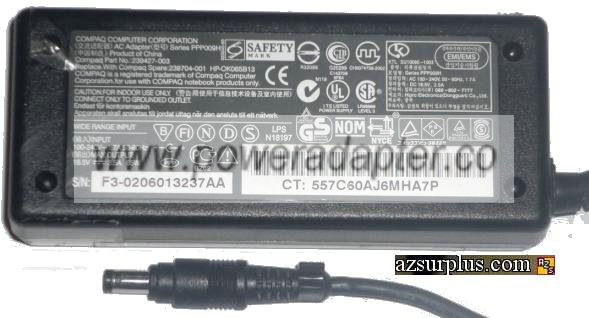 COMPAQ PPP009H AC ADAPTER 18.5VDC 3.5A -( ) 1.8x4.8 100-240vac U