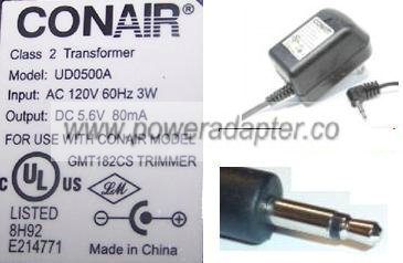 CONAIR UD0500A AC ADAPTER 5.6V 80mA CLASS 2 TRANSFORMER