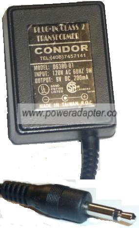 CONDOR D6300-01 AC ADAPTER 9VDC 200mA PLUG IN CLASS 2 TRANSFORME