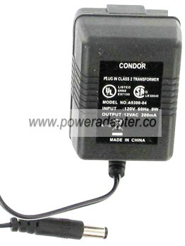 CONDOR A9300-04 AC ADAPTER 12V 200mA -( )- 2.5x5.5mm 120vac Used
