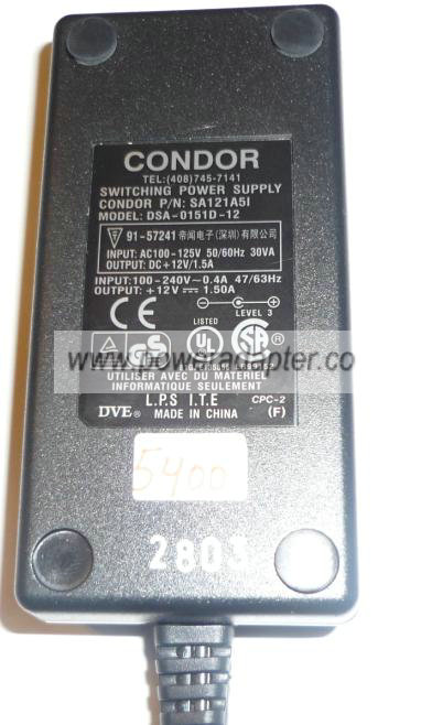 CONDOR DSA-0151D-12 AC ADAPTER 12V DC 1.5A 2pins Mo POWER SUPPL