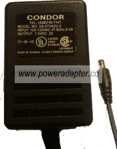 CONDOR SA-072A0U-2 NEW 7.5VDC 2A ADAPTER 2.5 x 5.5 x 11.2mm