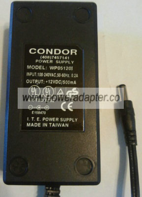 CONDOR WP05120I AC ADAPTER 12V DC 500MA POWER SUPPLY
