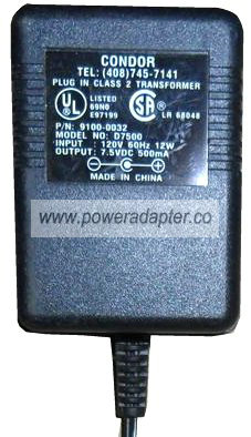CONDOR D7500 AC ADAPTER 7.5VDC 500mA NEW 1.2x3.4x11mm 90 Degree