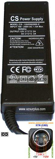 CS CS-120/0502000-E AC ADAPTER 12V 5VDC 2A 4Pin Power Supply Ext