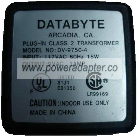 DATABYTE DV-9750-4 AC ADAPTER 9V 1A PLUG IN CLASS 2 TRANSFORMER