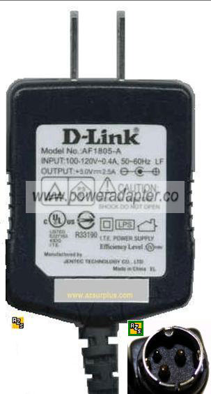 D-Link AF1805-A AC ADAPTER 5VDC 2.5A 3 PIN DIN POWER SUPPLY