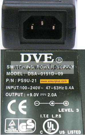 DVE DSA-0151D-09 AC ADAPTER 9Vdc 2A -( )- 2.5x5.5mm 100-240Vac P