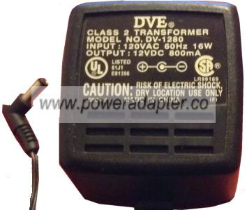 DVE DV-1280 AC ADAPTER 12V DC 800mA (-) 2.4x5.4mm Used 2.4 x 5