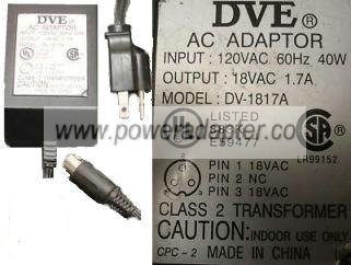 DVE DV-1817A AC ADAPTER 18VAC 1.7A PLUG-IN CLASS 2 TRANSFORMER