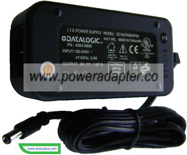 Datalogic SC102TA0942F02 AC ADAPTER 9VDC 1.67A (-) 2x5.5mm AULT