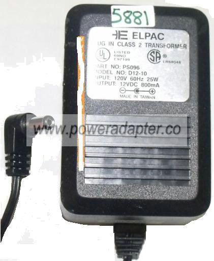 ELPAC D12-10 AC ADAPTER 12VDC 800mA 25W PS096 NEW 2.1 x 5.5 x 1