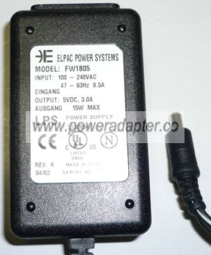 ELPAC POWER SYSTEMS FW1805 AC ADAPTER 5VDC 3A 15W POWER SUPPLY