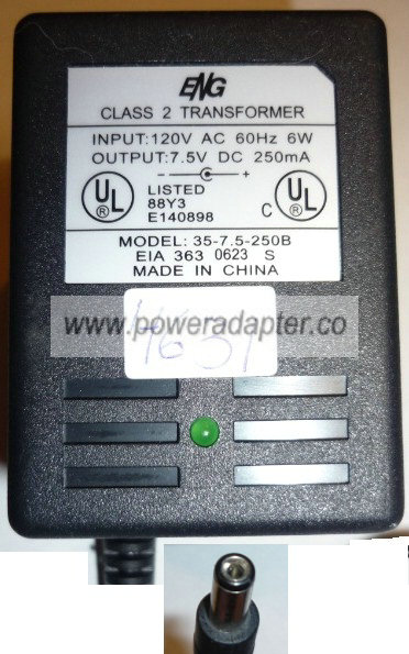 ENG 35-7-5-250B AC ADAPTER 7.5V 250MA POWER SUPPLY PLUG IN CLASS