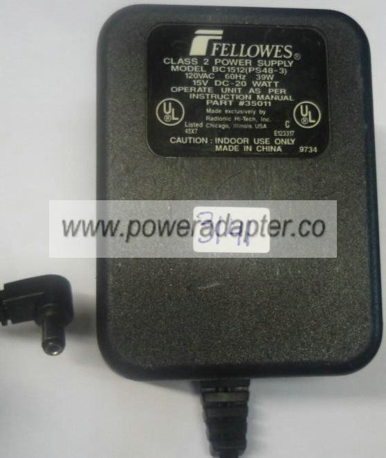FELLOWES BC151 2 PS48-3 AC ADAPTER 15VDC 1.3A Used 2x5.5mm 20W
