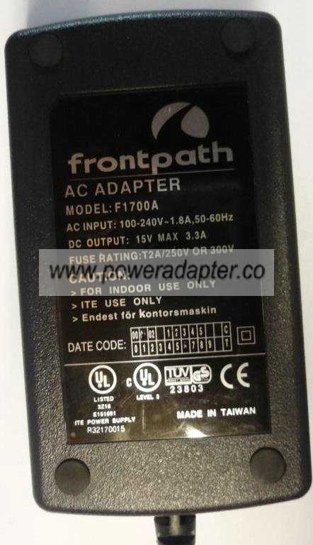 FRONTPATH F1700A AC ADAPTER 15VDC 3.3A I.T.E POWER SUPPLY