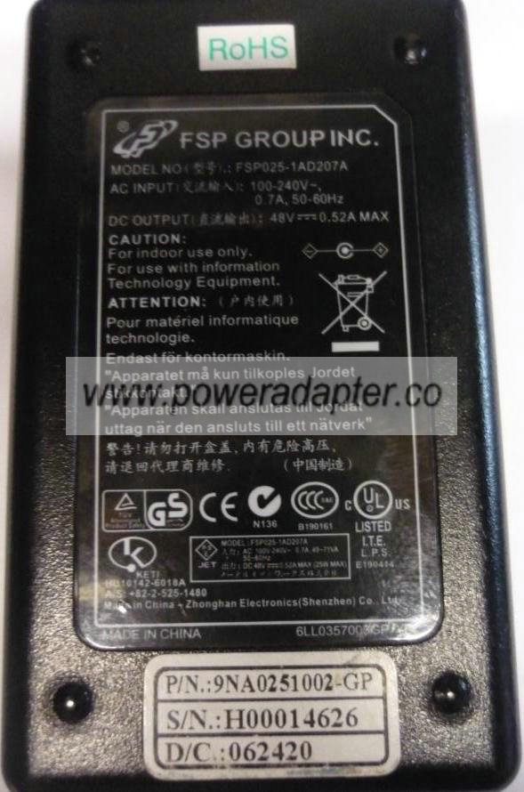 FSP FSP025-1AD207A AC ADAPTER 48VDC 0.52A POWER SUPPLY