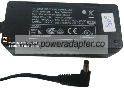 FW7400/06 AC ADAPTER 6V DC 1.7A NEW 1.7x4mm -( )- 90 Degree