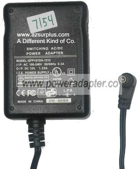 GFP-151DA-1212 AC ADAPTER 12VDC 1.25A Used -( )- 2x5.5mm 90 100