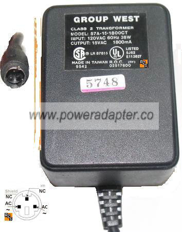 GROUP WEST 57A-15-1800CT AC ADAPTER 15VAC 1800mA 3pins New Power