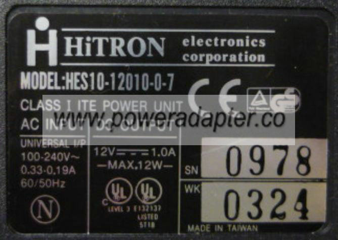 HITRON HES10-12010-0-7 AC ADAPTER 12VDC 1A 12W Switching POWER