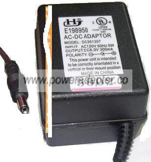 HJ DC351307 AC DC ADAPTER 6V 300mA DIRECT PLUG IN POWER SUPPLY