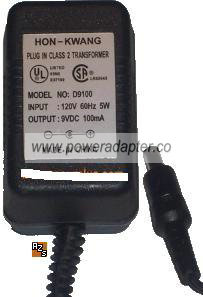 HON-KWANG D9100 AC ADAPTER 9VDC 100mA -( )- 1.7x4.7mm 120Vac 5W