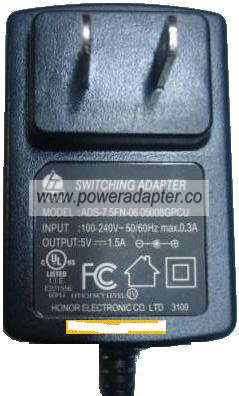 HONOR ADS-7.FN-06 05008GPCU AC ADAPTER 5V 1.5A SWITCHING POWER