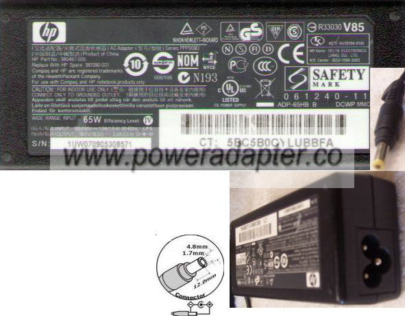 HP COMPAQ ADP-65HB B AC ADAPTER 18.5VDC 3.5A 380467-005 LAPTOP